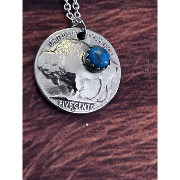 Vintage Buffalo Nickel And Kingman Turquoise Pendent On Chain - Made In Montana - Picture 2 of 3